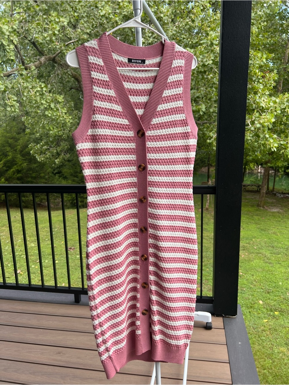 Sleeveless Striped Midi Knit Dress in Pink & Cream SMALL